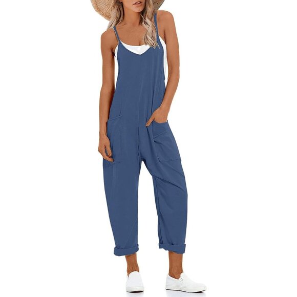 Pants - Women's V Neck Sleeveless Jumpsuits Spaghetti Straps - Lake Blue